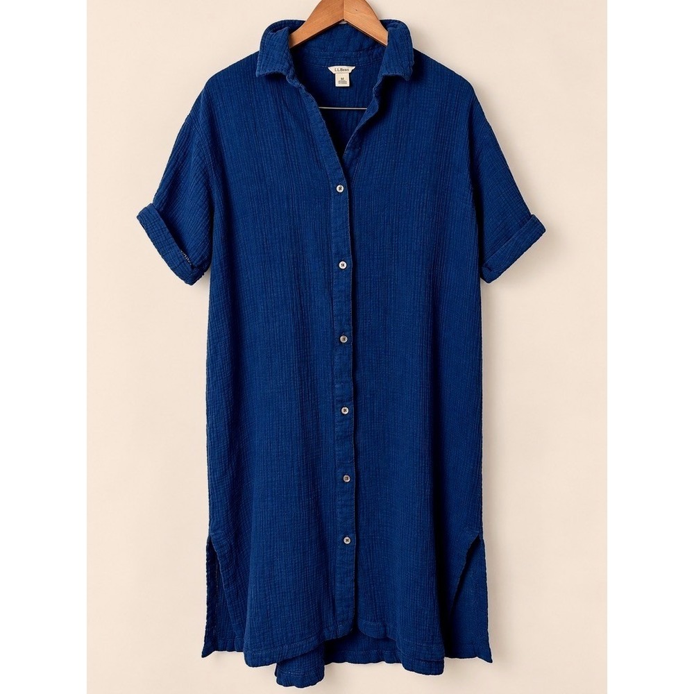 LL Bean Women Navy Gauze Cotton Button Front Maxi Shirtdress M Coastal Relaxed